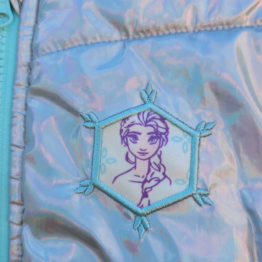 Disney Frozen silver metallic iridescent hooded puffer full zip vest SIZE 6 - Picture 3 of 8